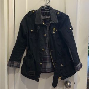 barbour international black wax jacket with belt